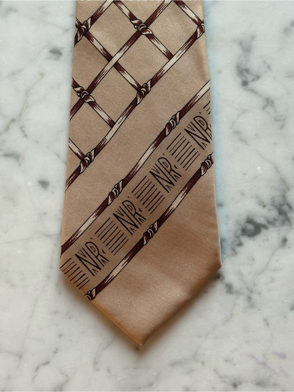 Vintage Nina Ricci Paris 100% Silk Tie Beige Brown NR Monogram 3.5” Made Japan